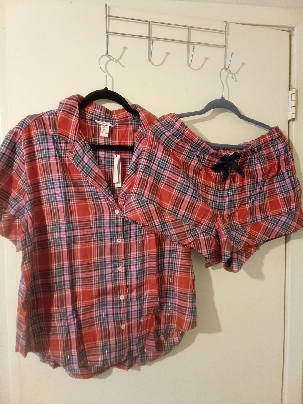 Victoria's Secret Red Plaid Button-Down Shirt and Matching Shorts Set Sz XL